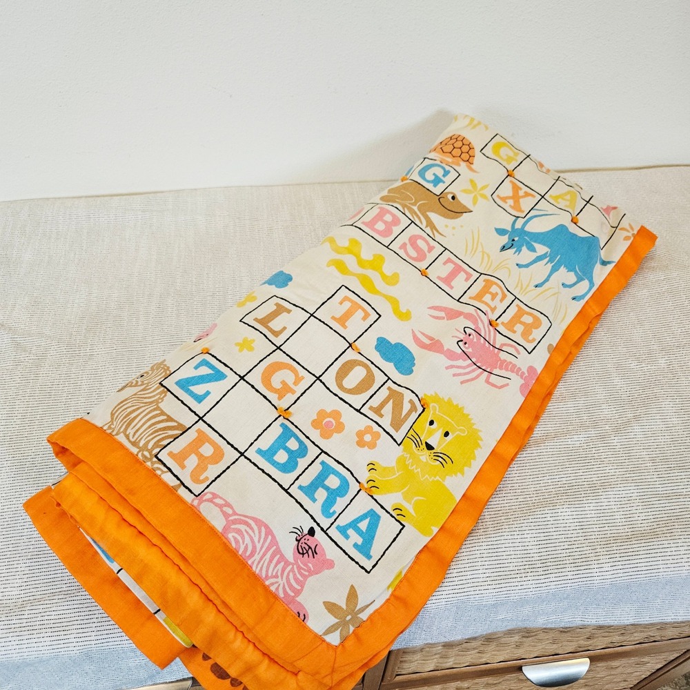 Vintage Animal Alphabet Crossword Quilted Baby Blanket Orange Trim 33x47